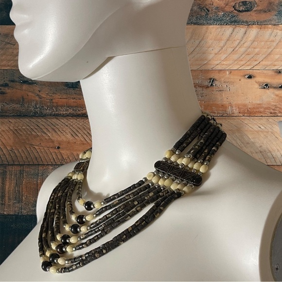 Bohemian Handcrafted Beaded Tropical Choker Necklace 17” Bone and Brown Beading - Picture 2 of 9